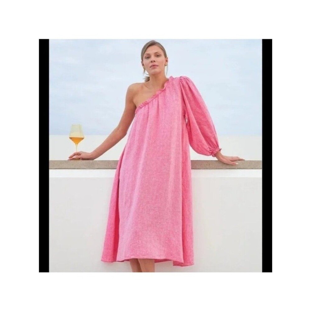 LAKE Milly XXL Linen Pink One-Shouldered Midi Dress Pockets Beach Resortwear
